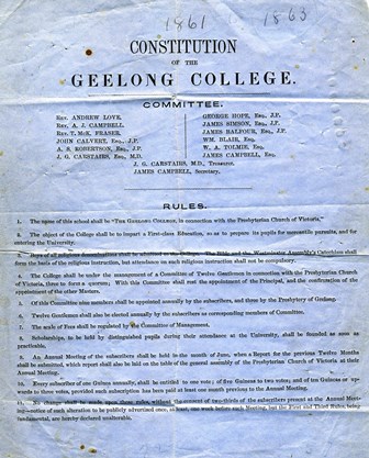 The first Constitution of the newly established Geelong College published in 1861.